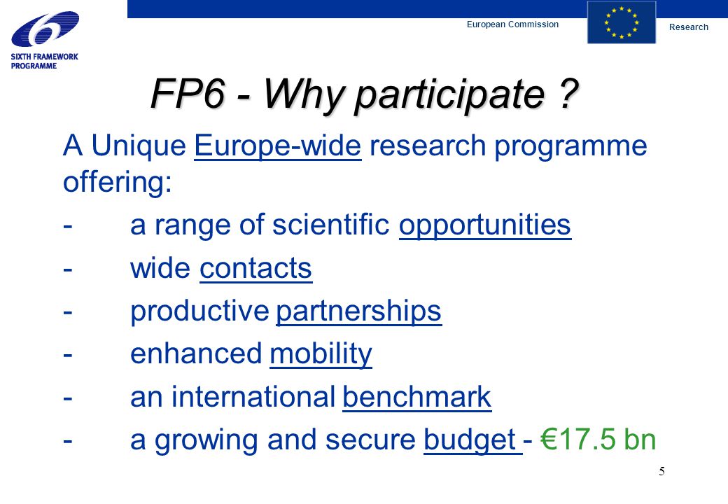 European Commission Research 5 FP6 - Why participate .