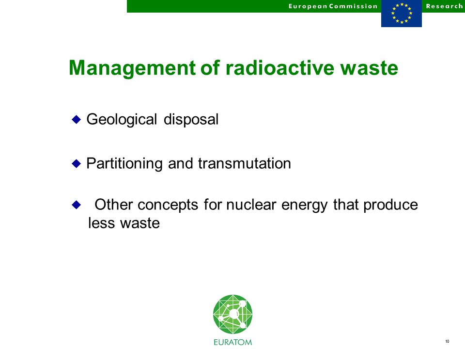 10 Management of radioactive waste u Geological disposal u Partitioning and transmutation u Other concepts for nuclear energy that produce less waste