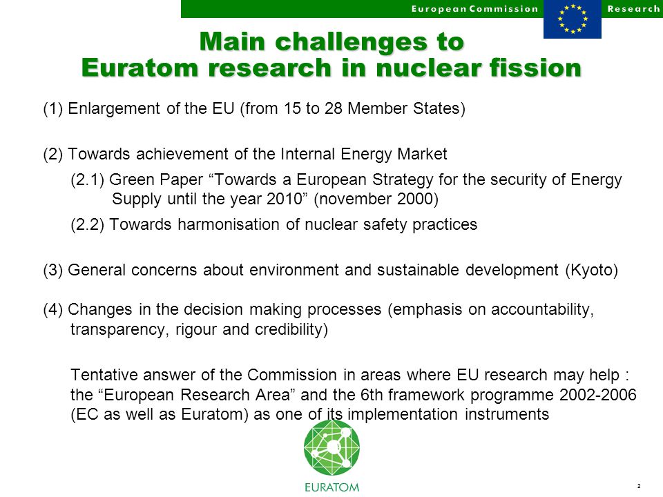 2 Main challenges to Euratom research in nuclear fission (1) Enlargement of the EU (from 15 to 28 Member States) (2) Towards achievement of the Internal Energy Market (2.1) Green Paper Towards a European Strategy for the security of Energy Supply until the year 2010 (november 2000) (2.2) Towards harmonisation of nuclear safety practices (3) General concerns about environment and sustainable development (Kyoto) (4) Changes in the decision making processes (emphasis on accountability, transparency, rigour and credibility) Tentative answer of the Commission in areas where EU research may help : the European Research Area and the 6th framework programme (EC as well as Euratom) as one of its implementation instruments