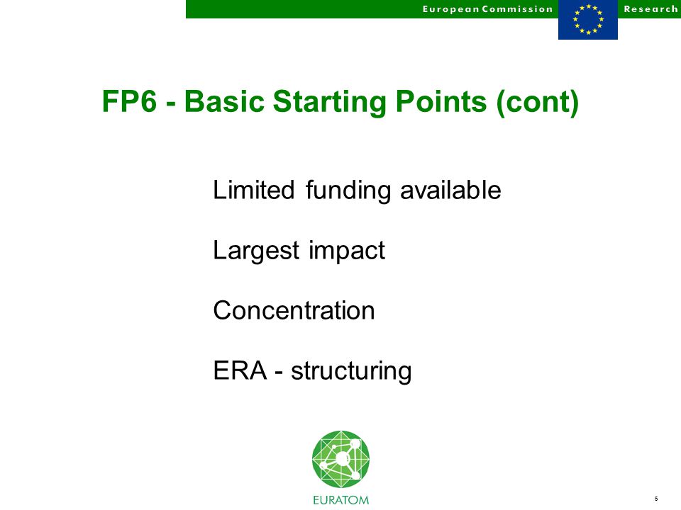 5 FP6 - Basic Starting Points (cont) Limited funding available Largest impact Concentration ERA - structuring