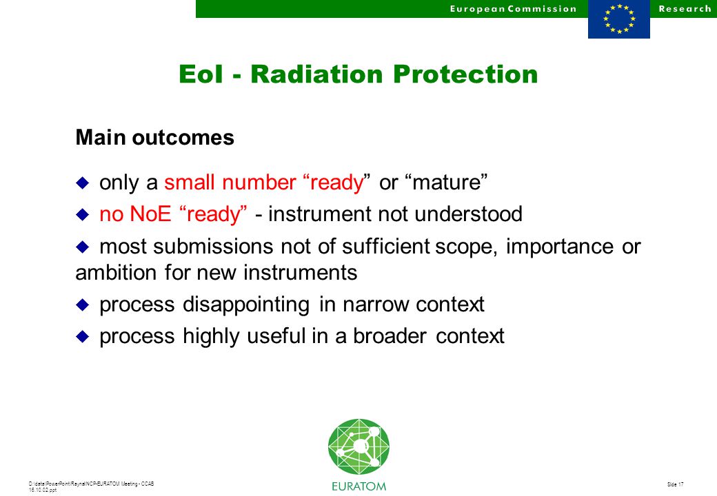 D:\data\PowerPoint\Raynal\NCP-EURATOM Meeting - CCAB ppt Slide 17 EoI - Radiation Protection Main outcomes u only a small number ready or mature u no NoE ready - instrument not understood u most submissions not of sufficient scope, importance or ambition for new instruments u process disappointing in narrow context u process highly useful in a broader context