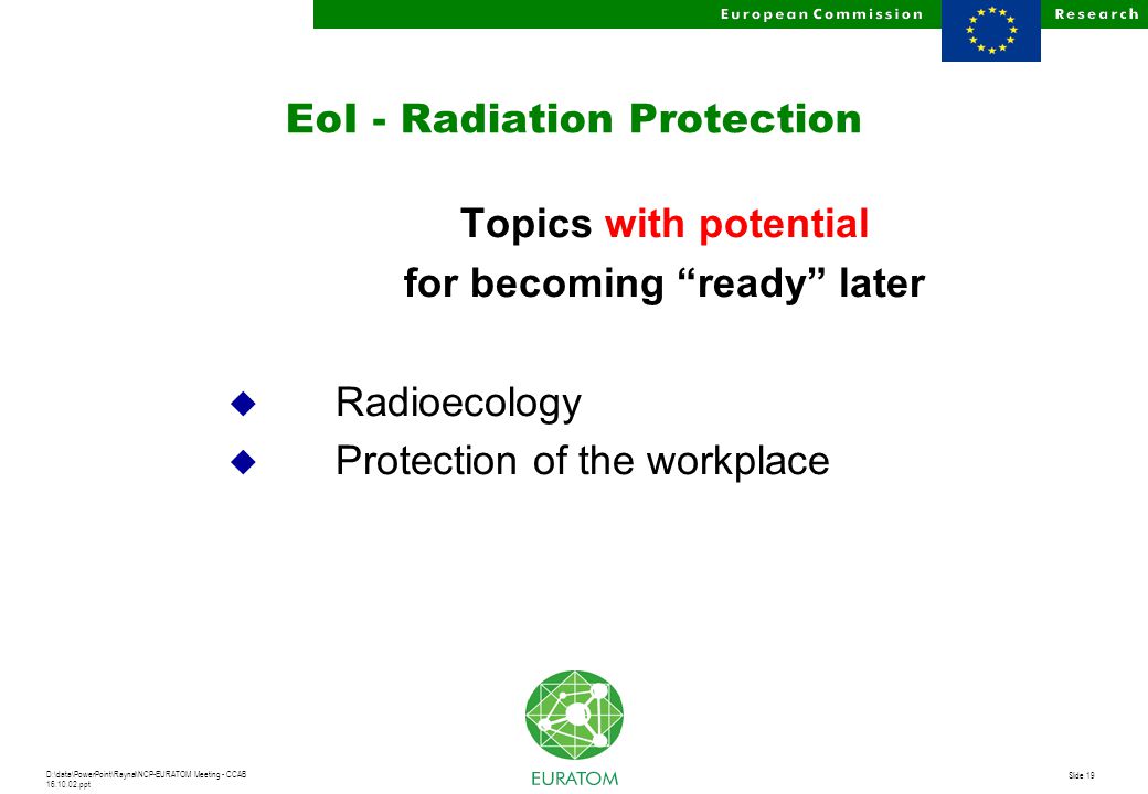 D:\data\PowerPoint\Raynal\NCP-EURATOM Meeting - CCAB ppt Slide 19 EoI - Radiation Protection Topics with potential for becoming ready later u Radioecology u Protection of the workplace