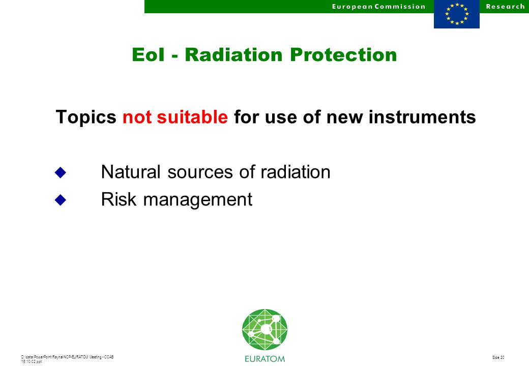 D:\data\PowerPoint\Raynal\NCP-EURATOM Meeting - CCAB ppt Slide 20 EoI - Radiation Protection Topics not suitable for use of new instruments u Natural sources of radiation u Risk management