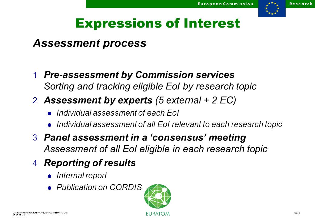 D:\data\PowerPoint\Raynal\NCP-EURATOM Meeting - CCAB ppt Slide 5 Expressions of Interest Assessment process 1 Pre-assessment by Commission services Sorting and tracking eligible EoI by research topic 2 Assessment by experts (5 external + 2 EC) Individual assessment of each EoI Individual assessment of all EoI relevant to each research topic 3 Panel assessment in a ‘consensus’ meeting Assessment of all EoI eligible in each research topic 4 Reporting of results Internal report Publication on CORDIS