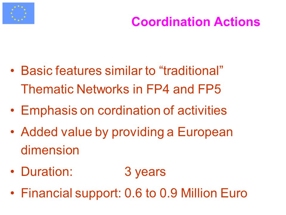 Coordination Actions Basic features similar to traditional Thematic Networks in FP4 and FP5 Emphasis on cordination of activities Added value by providing a European dimension Duration: 3 years Financial support:0.6 to 0.9 Million Euro