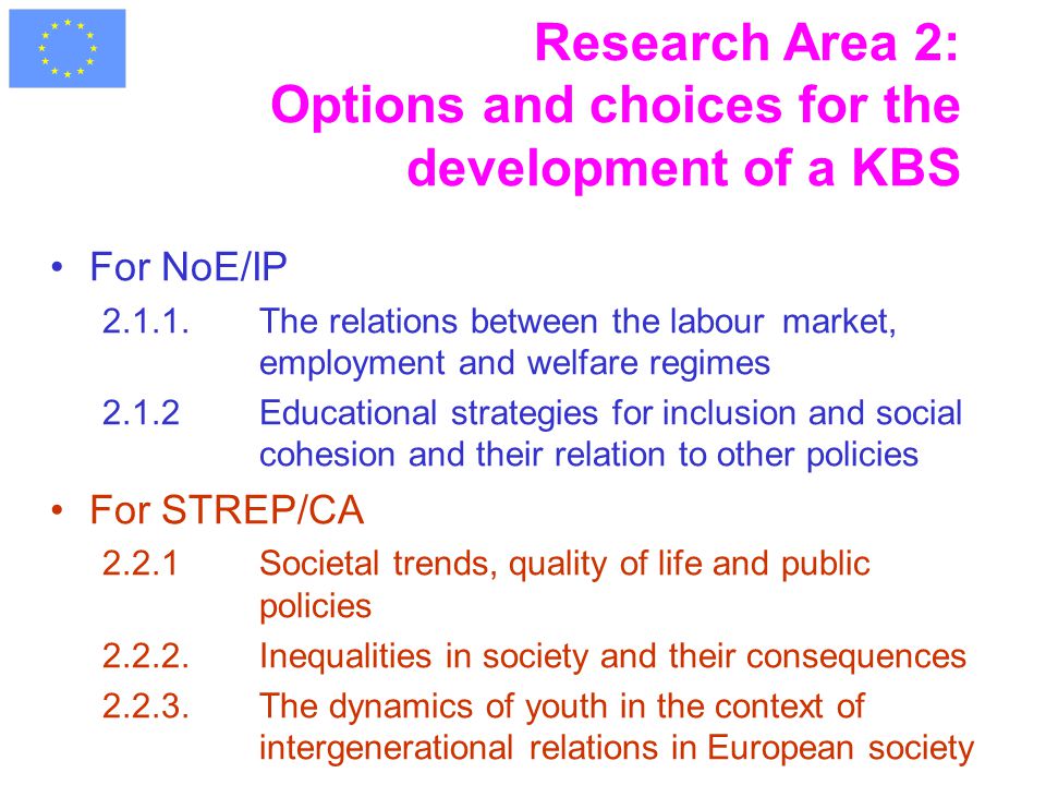 Research Area 2: Options and choices for the development of a KBS For NoE/IP The relations between the labour market, employment and welfare regimes 2.1.2Educational strategies for inclusion and social cohesion and their relation to other policies For STREP/CA 2.2.1Societal trends, quality of life and public policies Inequalities in society and their consequences The dynamics of youth in the context of intergenerational relations in European society