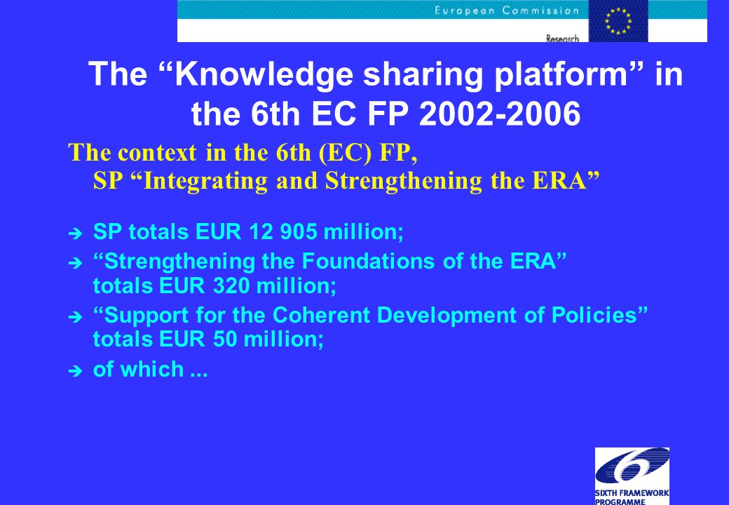 The Knowledge sharing platform in the 6th EC FP The context in the 6th (EC) FP, SP Integrating and Strengthening the ERA è SP totals EUR million; è Strengthening the Foundations of the ERA totals EUR 320 million; è Support for the Coherent Development of Policies totals EUR 50 million; è of which...