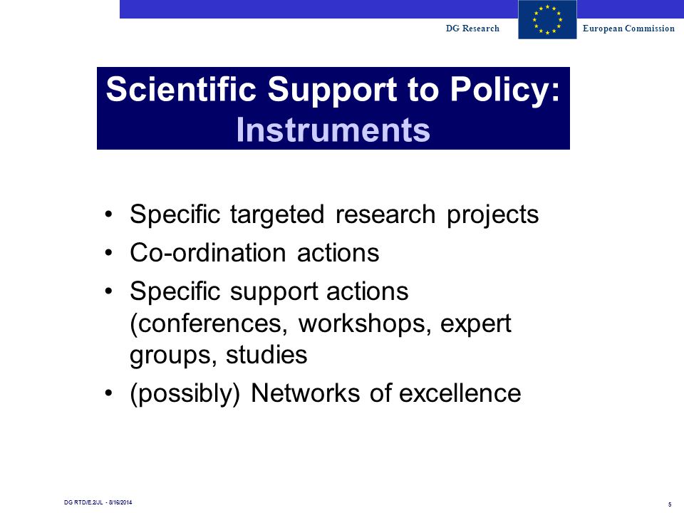 DG ResearchEuropean Commission 5 DG RTD/E.2/JL - 8/16/2014 Scientific Support to Policy: Instruments Specific targeted research projects Co-ordination actions Specific support actions (conferences, workshops, expert groups, studies (possibly) Networks of excellence