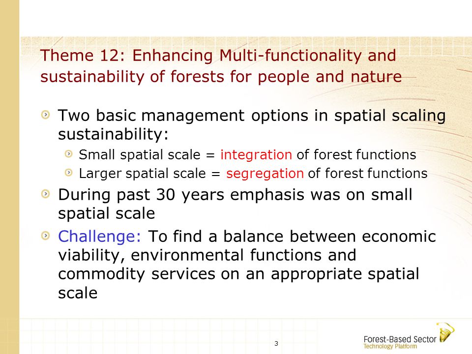 3 Theme 12: Enhancing Multi-functionality and sustainability of forests for people and nature Two basic management options in spatial scaling sustainability: Small spatial scale = integration of forest functions Larger spatial scale = segregation of forest functions During past 30 years emphasis was on small spatial scale Challenge: To find a balance between economic viability, environmental functions and commodity services on an appropriate spatial scale