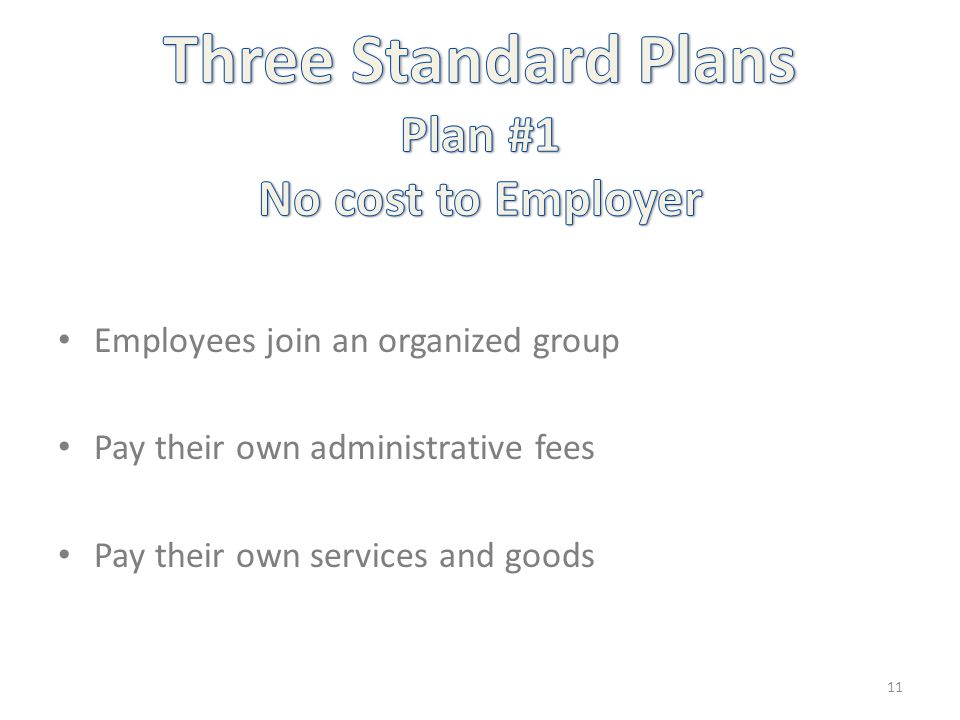 Employees join an organized group Pay their own administrative fees Pay their own services and goods 11