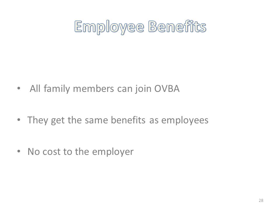 All family members can join OVBA They get the same benefits as employees No cost to the employer 28