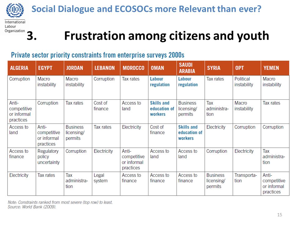 15 Social Dialogue and ECOSOCs more Relevant than ever 3.Frustration among citizens and youth