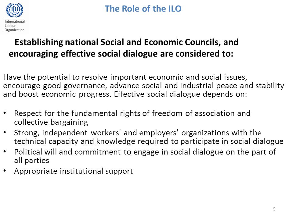 Establishing national Social and Economic Councils, and encouraging effective social dialogue are considered to: Have the potential to resolve important economic and social issues, encourage good governance, advance social and industrial peace and stability and boost economic progress.
