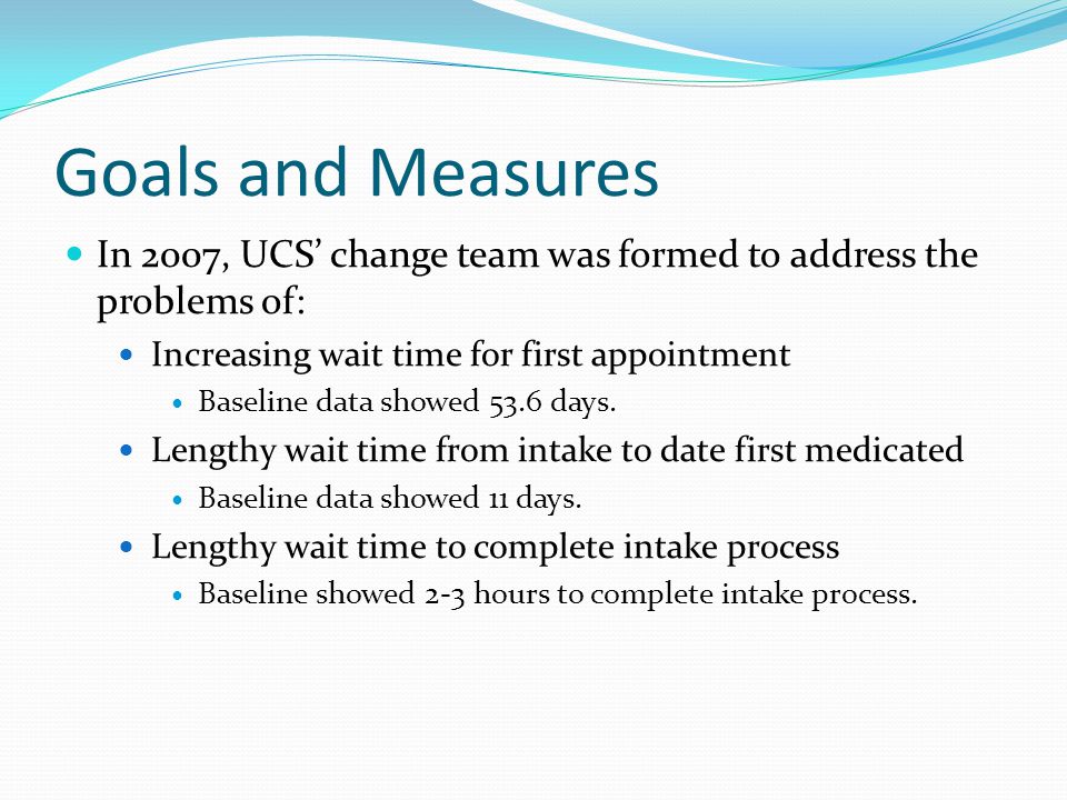 Goals and Measures In 2007, UCS’ change team was formed to address the problems of: Increasing wait time for first appointment Baseline data showed 53.6 days.