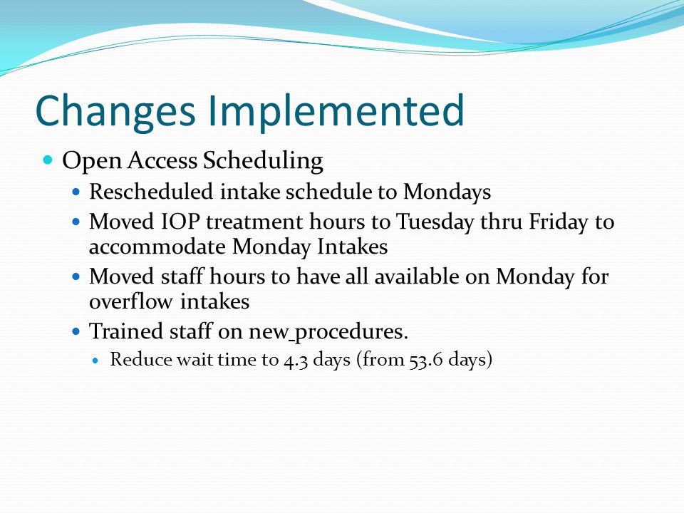 Changes Implemented Open Access Scheduling Rescheduled intake schedule to Mondays Moved IOP treatment hours to Tuesday thru Friday to accommodate Monday Intakes Moved staff hours to have all available on Monday for overflow intakes Trained staff on new procedures.
