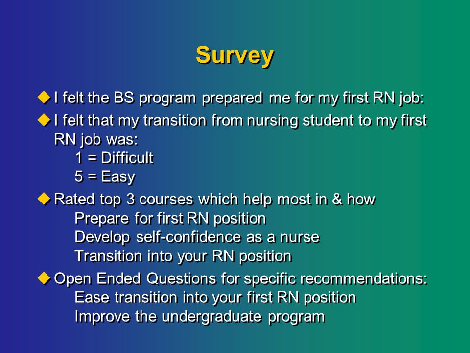 Survey  I felt the BS program prepared me for my first RN job:  I felt that my transition from nursing student to my first RN job was: 1 = Difficult 5 = Easy  Rated top 3 courses which help most in & how Prepare for first RN position Develop self-confidence as a nurse Transition into your RN position  Open Ended Questions for specific recommendations: Ease transition into your first RN position Improve the undergraduate program  I felt the BS program prepared me for my first RN job:  I felt that my transition from nursing student to my first RN job was: 1 = Difficult 5 = Easy  Rated top 3 courses which help most in & how Prepare for first RN position Develop self-confidence as a nurse Transition into your RN position  Open Ended Questions for specific recommendations: Ease transition into your first RN position Improve the undergraduate program