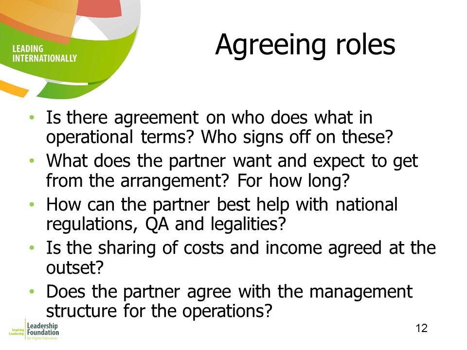 12 Agreeing roles Is there agreement on who does what in operational terms.