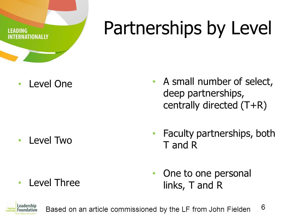 6 Partnerships by Level Level One Level Two Level Three A small number of select, deep partnerships, centrally directed (T+R) Faculty partnerships, both T and R One to one personal links, T and R Based on an article commissioned by the LF from John Fielden