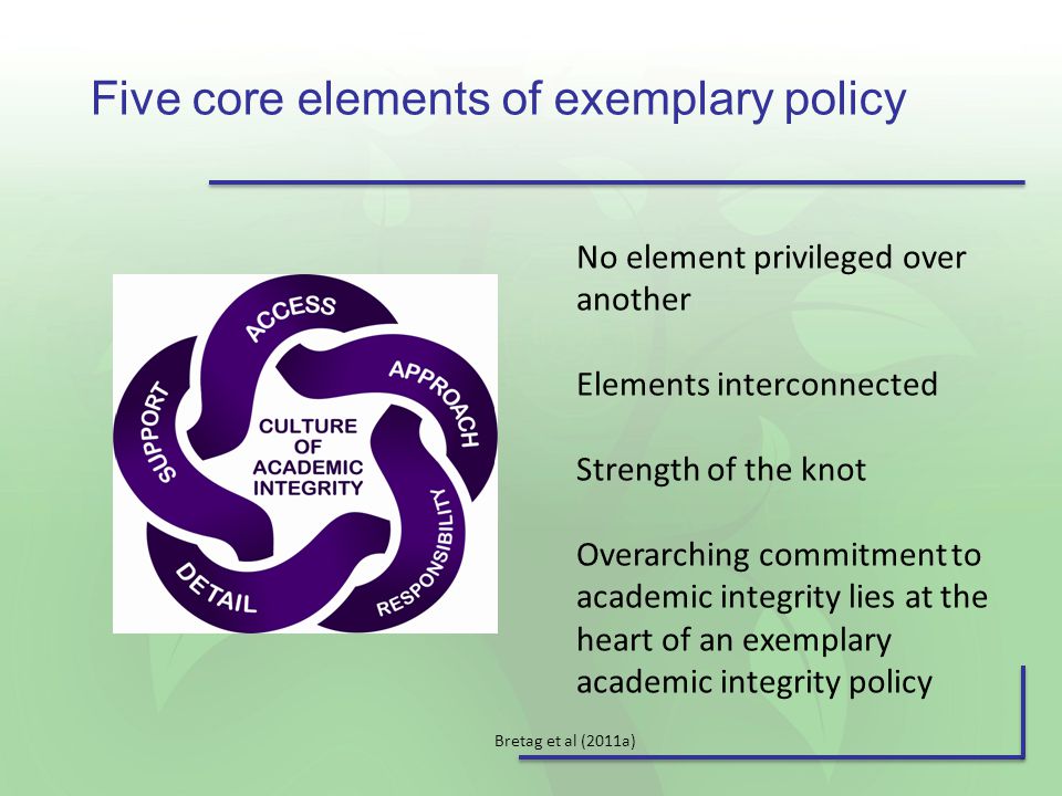 Five core elements of exemplary policy No element privileged over another Elements interconnected Strength of the knot Overarching commitment to academic integrity lies at the heart of an exemplary academic integrity policy Bretag et al (2011a)