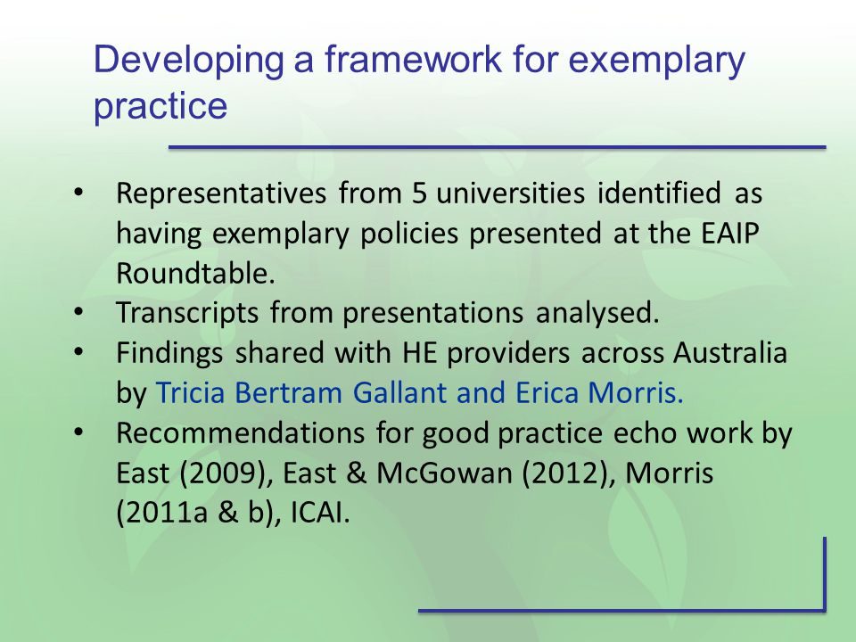 Developing a framework for exemplary practice Representatives from 5 universities identified as having exemplary policies presented at the EAIP Roundtable.