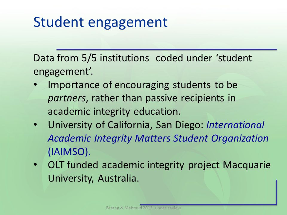 Student engagement Data from 5/5 institutions coded under ‘student engagement’.