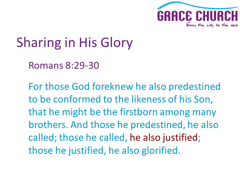 Sharing in His Glory Romans 8:29-30 For those God foreknew he also predestined to be conformed to the likeness of his Son, that he might be the firstborn among many brothers.