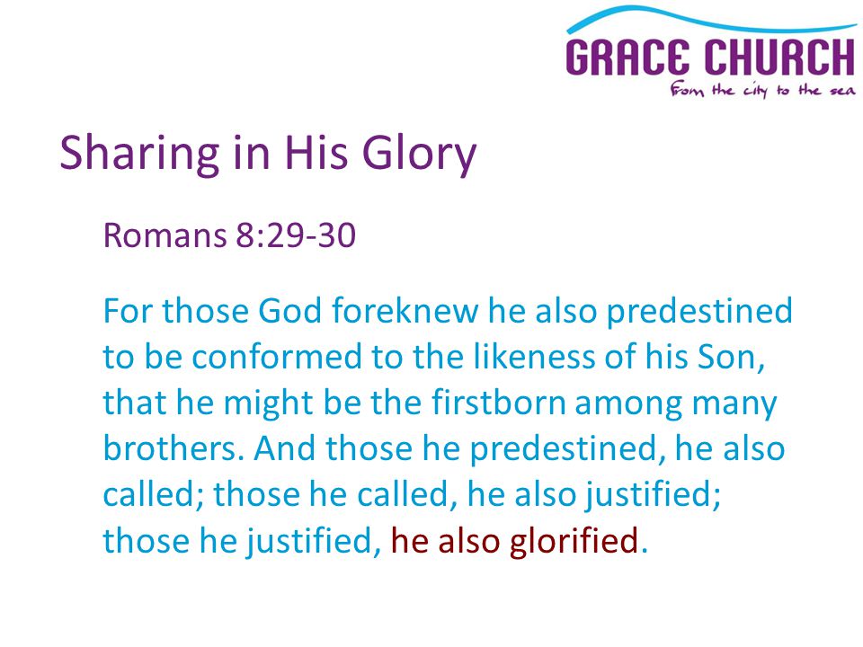 Sharing in His Glory Romans 8:29-30 For those God foreknew he also predestined to be conformed to the likeness of his Son, that he might be the firstborn among many brothers.