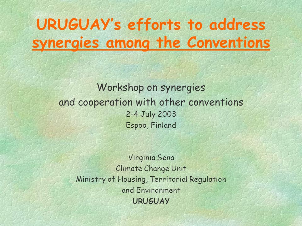 URUGUAY’s efforts to address synergies among the Conventions Workshop on synergies and cooperation with other conventions 2-4 July 2003 Espoo, Finland Virginia Sena Climate Change Unit Ministry of Housing, Territorial Regulation and Environment URUGUAY