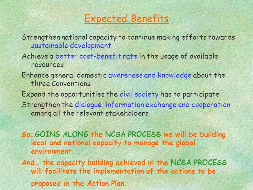 Expected Benefits Strengthen national capacity to continue making efforts towards sustainable development Achieve a better cost-benefit rate in the usage of available resources Enhance general domestic awareness and knowledge about the three Conventions Expand the opportunities the civil society has to participate Strengthen the dialogue, information exchange and cooperation among all the relevant stakeholders So…GOING ALONG the NCSA PROCESS we will be building local and national capacity to manage the global environment.