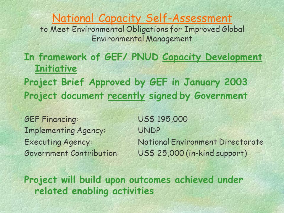 National Capacity Self-Assessment to Meet Environmental Obligations for Improved Global Environmental Management In framework of GEF/ PNUD Capacity Development Initiative Project Brief Approved by GEF in January 2003 Project document recently signed by Government GEF Financing: US$ 195,000 Implementing Agency:UNDP Executing Agency: National Environment Directorate Government Contribution:US$ 25,000 (in-kind support) Project will build upon outcomes achieved under related enabling activities