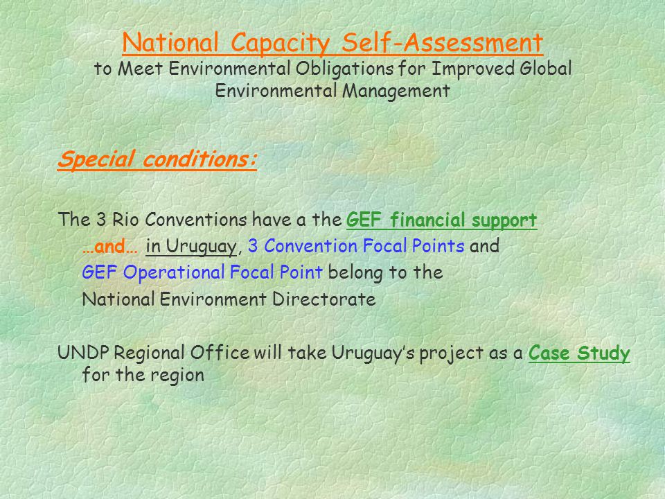 National Capacity Self-Assessment to Meet Environmental Obligations for Improved Global Environmental Management Special conditions: The 3 Rio Conventions have a the GEF financial support …and… in Uruguay, 3 Convention Focal Points and GEF Operational Focal Point belong to the National Environment Directorate UNDP Regional Office will take Uruguay’s project as a Case Study for the region