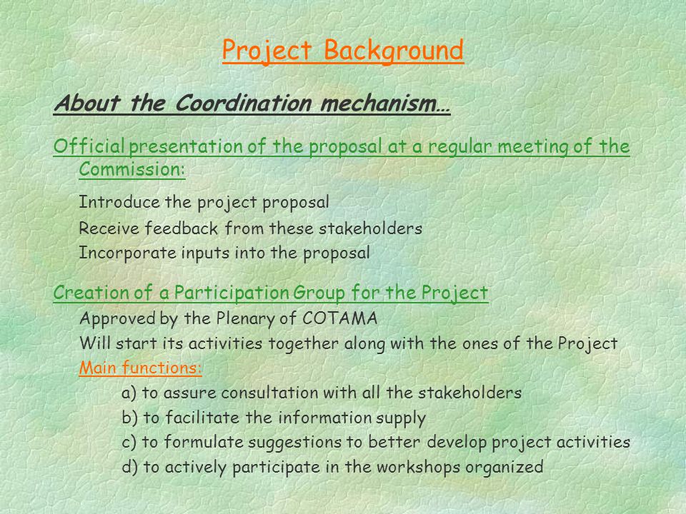 Project Background About the Coordination mechanism… Official presentation of the proposal at a regular meeting of the Commission: Introduce the project proposal Receive feedback from these stakeholders Incorporate inputs into the proposal Creation of a Participation Group for the Project Approved by the Plenary of COTAMA Will start its activities together along with the ones of the Project Main functions: a) to assure consultation with all the stakeholders b) to facilitate the information supply c) to formulate suggestions to better develop project activities d) to actively participate in the workshops organized