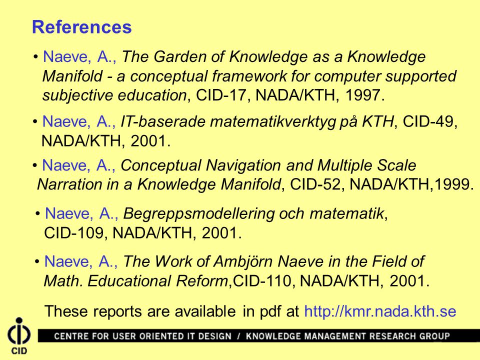 References Naeve, A., IT-baserade matematikverktyg på KTH, CID-49, NADA/KTH, 2001.