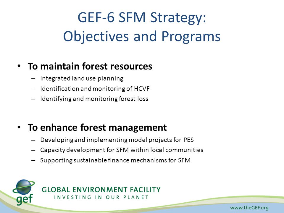 GEF-6 SFM Strategy: Objectives and Programs To maintain forest resources – Integrated land use planning – Identification and monitoring of HCVF – Identifying and monitoring forest loss To enhance forest management – Developing and implementing model projects for PES – Capacity development for SFM within local communities – Supporting sustainable finance mechanisms for SFM
