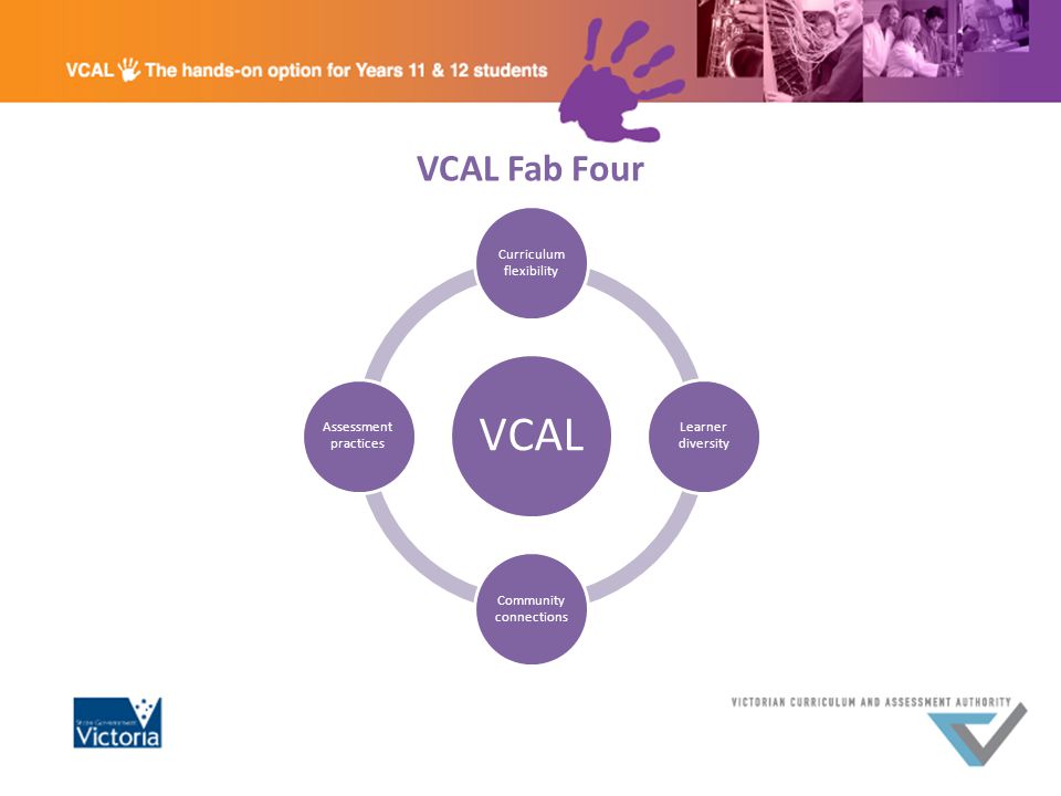 VCAL Fab Four VCAL Curriculum flexibility Learner diversity Community connections Assessment practices