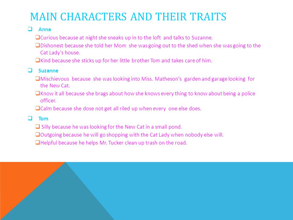 MAIN CHARACTERS AND THEIR TRAITS  Anna  Curious because at night she sneaks up in to the loft and talks to Suzanne.