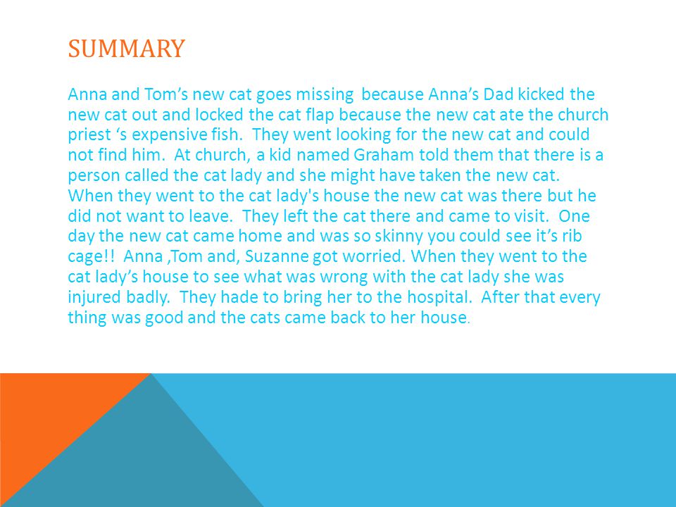 SUMMARY Anna and Tom’s new cat goes missing because Anna’s Dad kicked the new cat out and locked the cat flap because the new cat ate the church priest ‘s expensive fish.