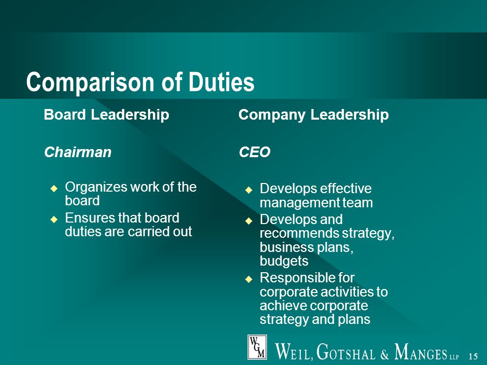 15 Comparison of Duties  Board Leadership  Chairman u Organizes work of the board u Ensures that board duties are carried out  Company Leadership  CEO u Develops effective management team u Develops and recommends strategy, business plans, budgets u Responsible for corporate activities to achieve corporate strategy and plans