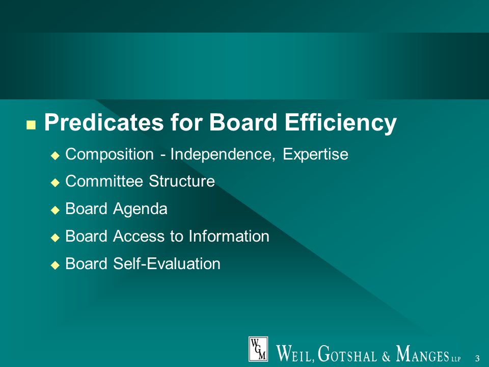 3 Predicates for Board Efficiency u Composition - Independence, Expertise u Committee Structure u Board Agenda u Board Access to Information u Board Self-Evaluation