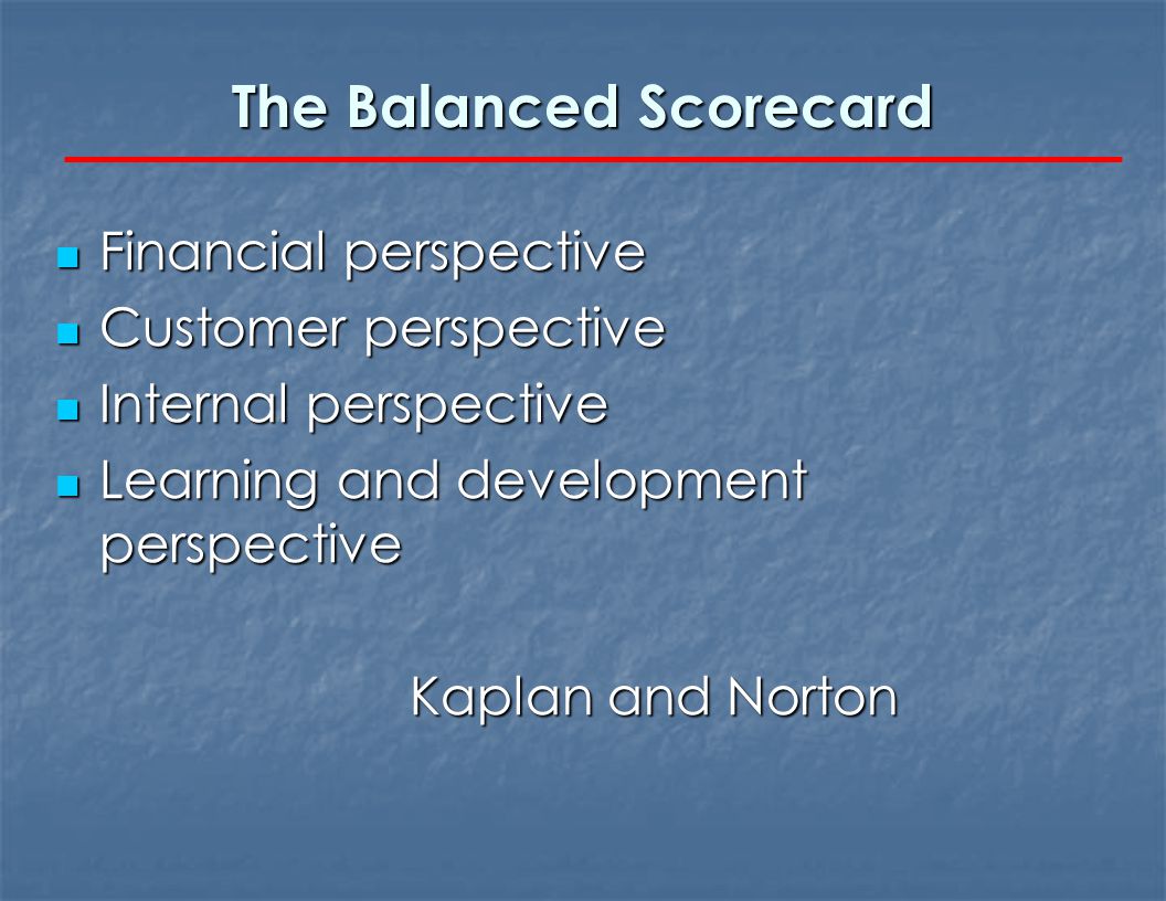 The Balanced Scorecard Financial perspective Financial perspective Customer perspective Customer perspective Internal perspective Internal perspective Learning and development perspective Learning and development perspective Kaplan and Norton