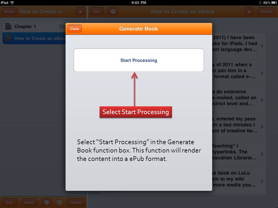 Select Start Processing in the Generate Book function box.