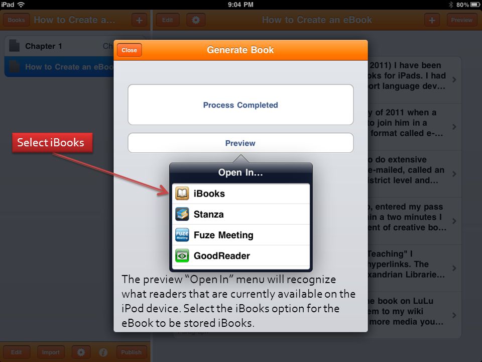 The preview Open In menu will recognize what readers that are currently available on the iPod device.