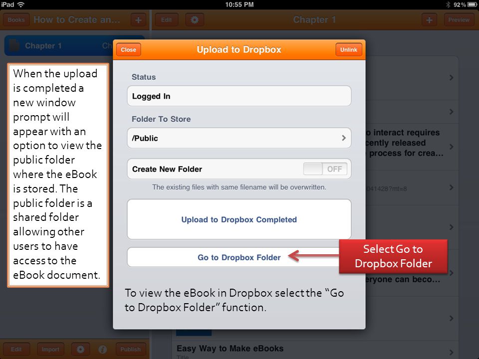 To view the eBook in Dropbox select the Go to Dropbox Folder function.