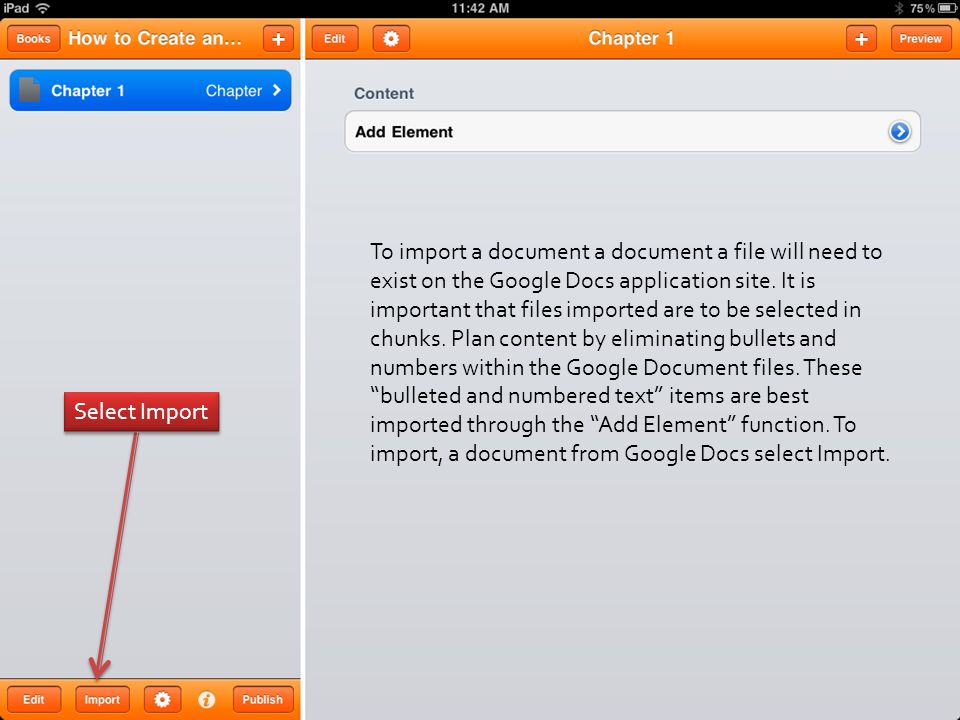 To import a document a document a file will need to exist on the Google Docs application site.