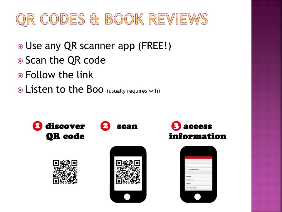  Use any QR scanner app (FREE!)  Scan the QR code  Follow the link  Listen to the Boo (usually requires wifi)