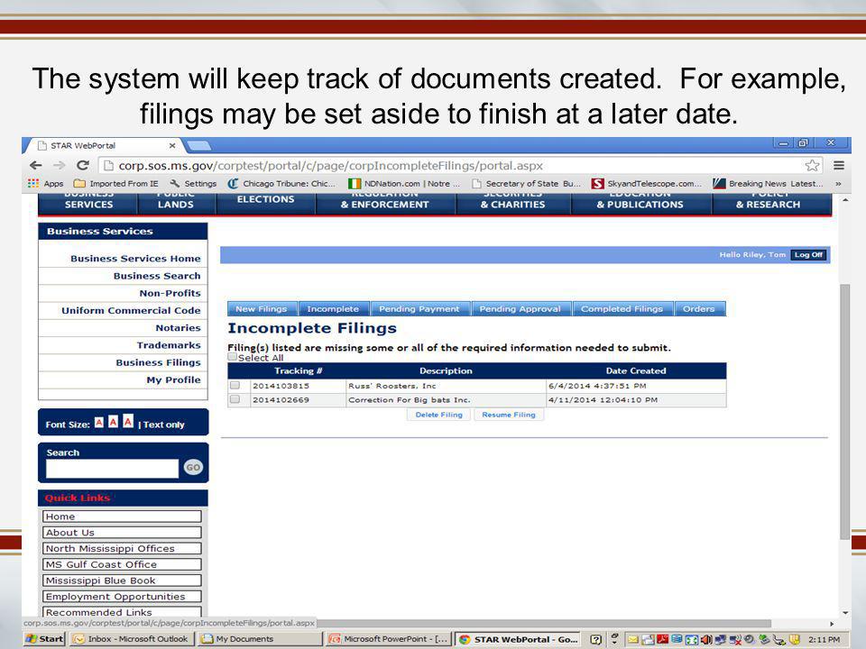 The system will keep track of documents created.