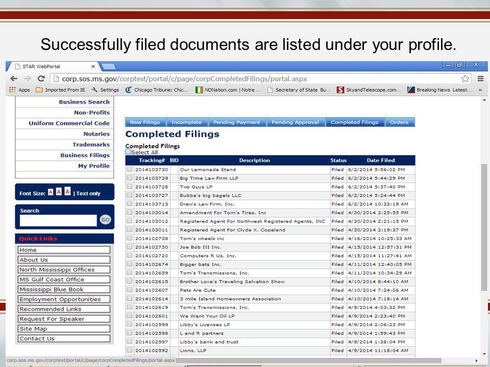 Successfully filed documents are listed under your profile.
