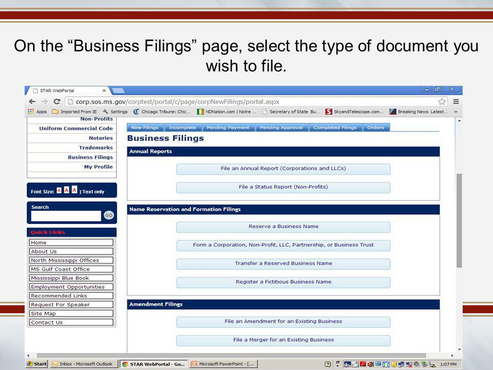 On the Business Filings page, select the type of document you wish to file.