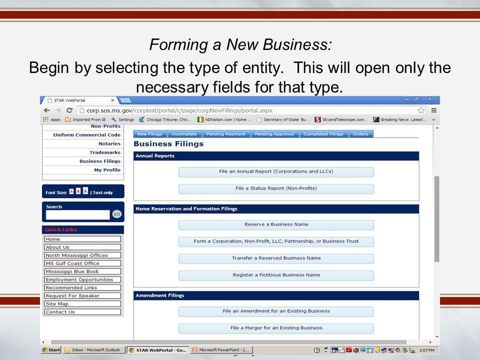 Forming a New Business: Begin by selecting the type of entity.