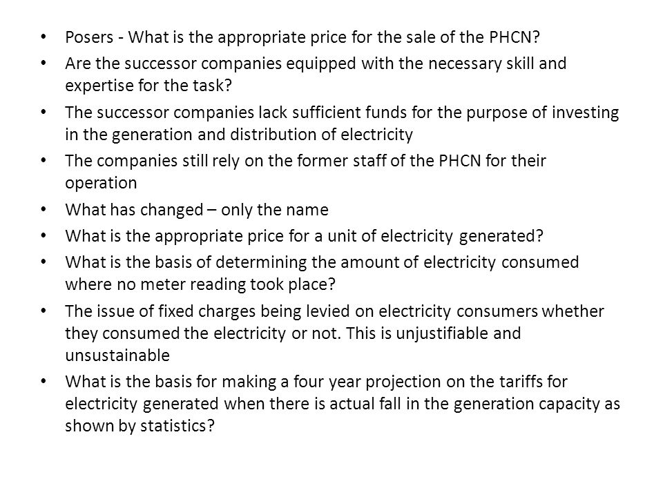 Posers - What is the appropriate price for the sale of the PHCN.